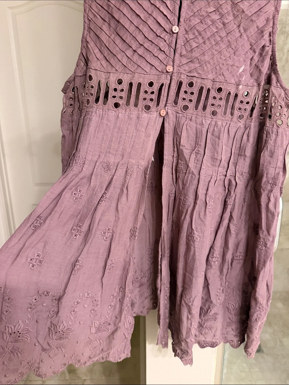 NWT Free People Sleeveless Lace & Eyelet Crochet Smocked Top - Dusty Mauve